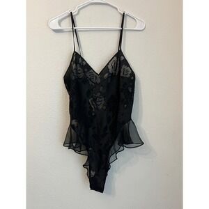 Vintage Victorias Secret Teddy Lingerie Bodysuit Black Floral Ruffle Trim Size S